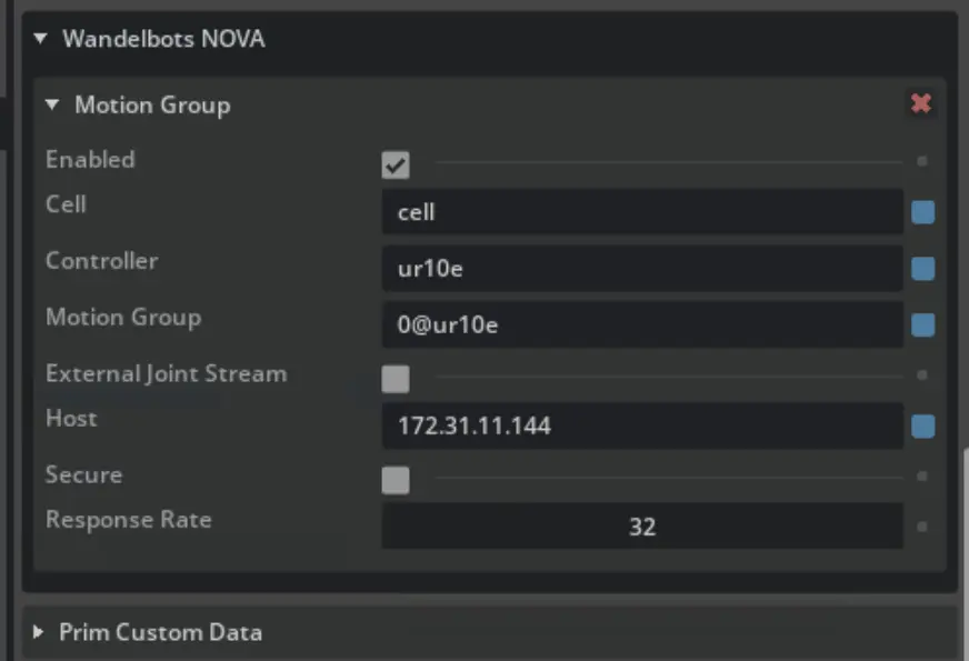 Motion group API properties displayed in IsaacSim