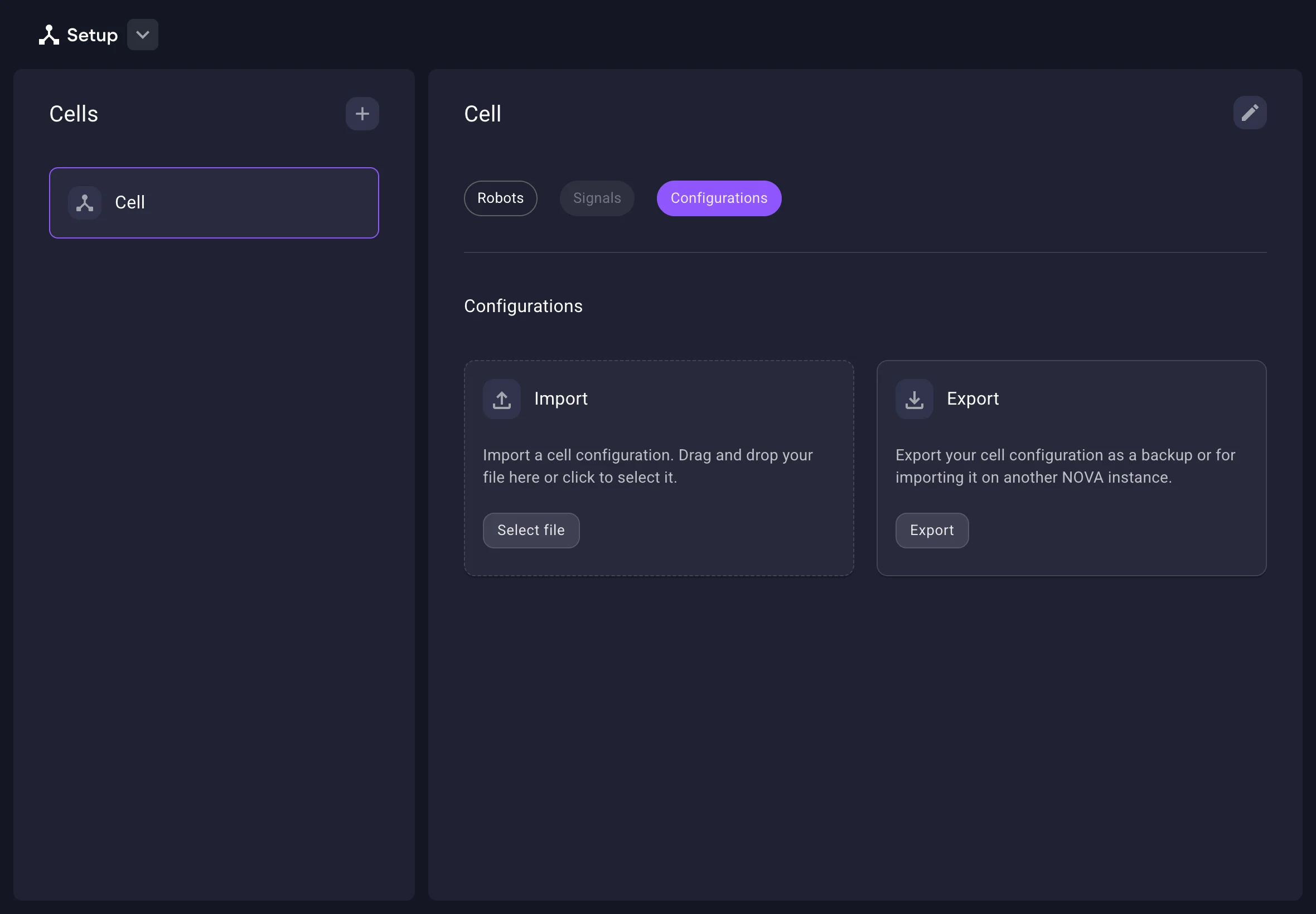 Configurations screen in NOVA Setup