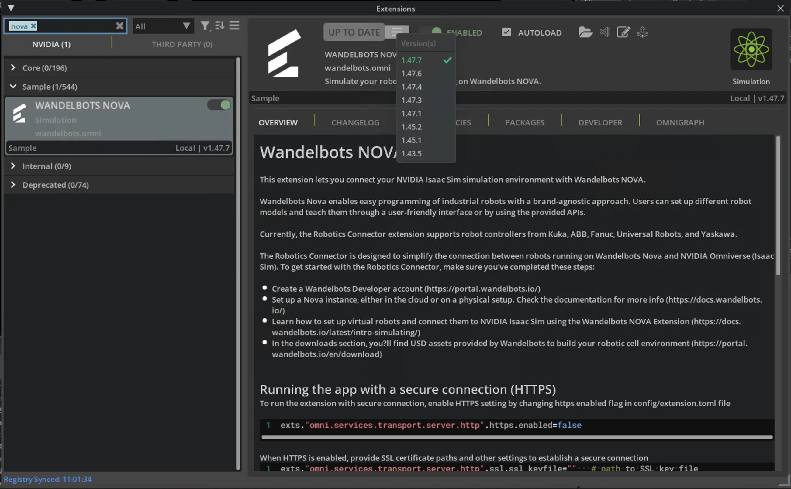 Dropdown menu for Wandelbots NOVA extension version in NVIDIA Isaac Sim extension manager.