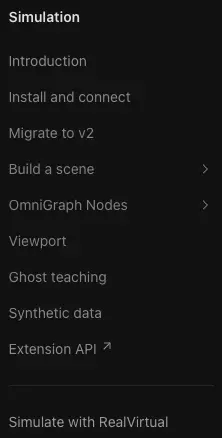 Sidebar featuring the simulation section with NVIDIA simulation documentation at top level, underneath the simulate with realvirtual, dark mode