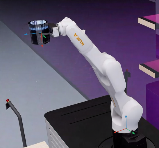 World and tool coordinate frame of a robot holding a cup.